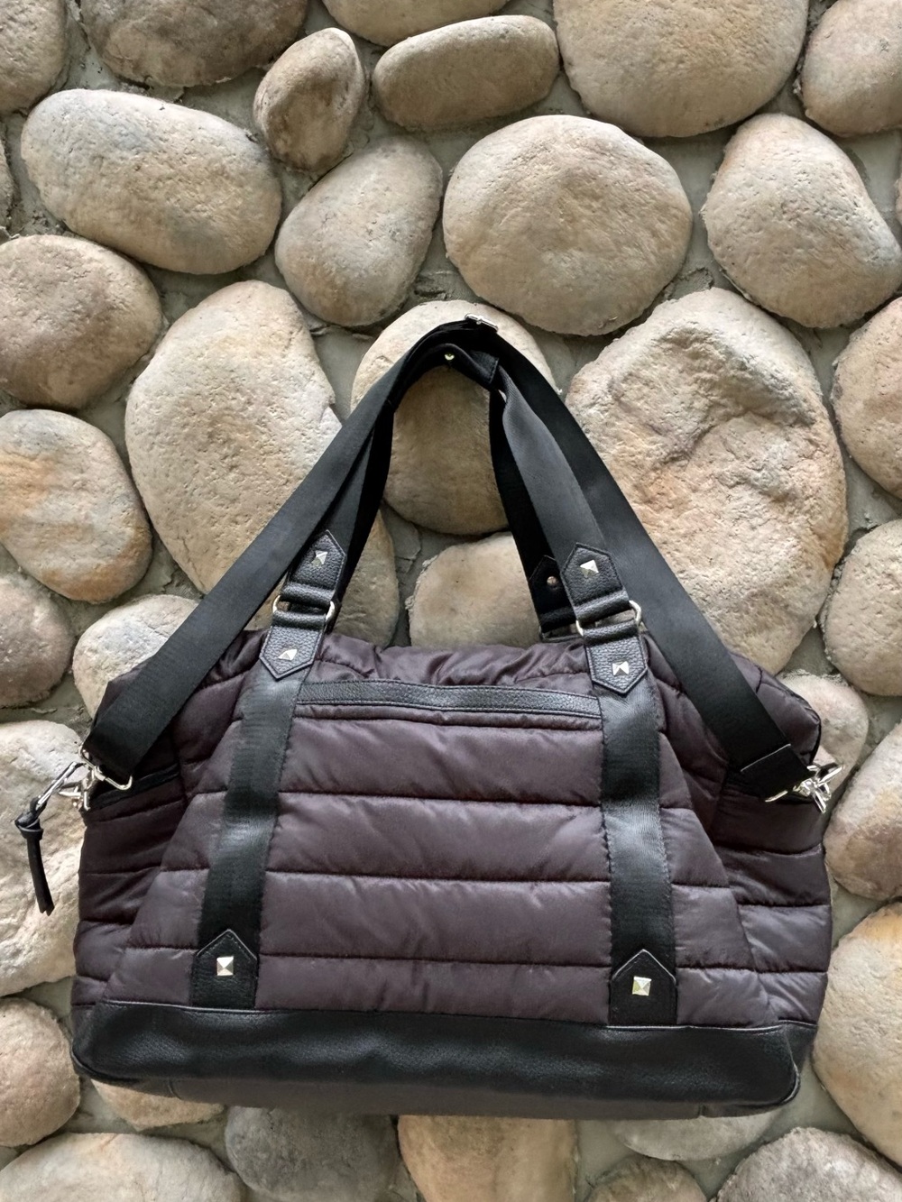 CYNTHIA ROWLEY Quilted Puffer Black w/ Stud Accents Duffle Weekender Bag